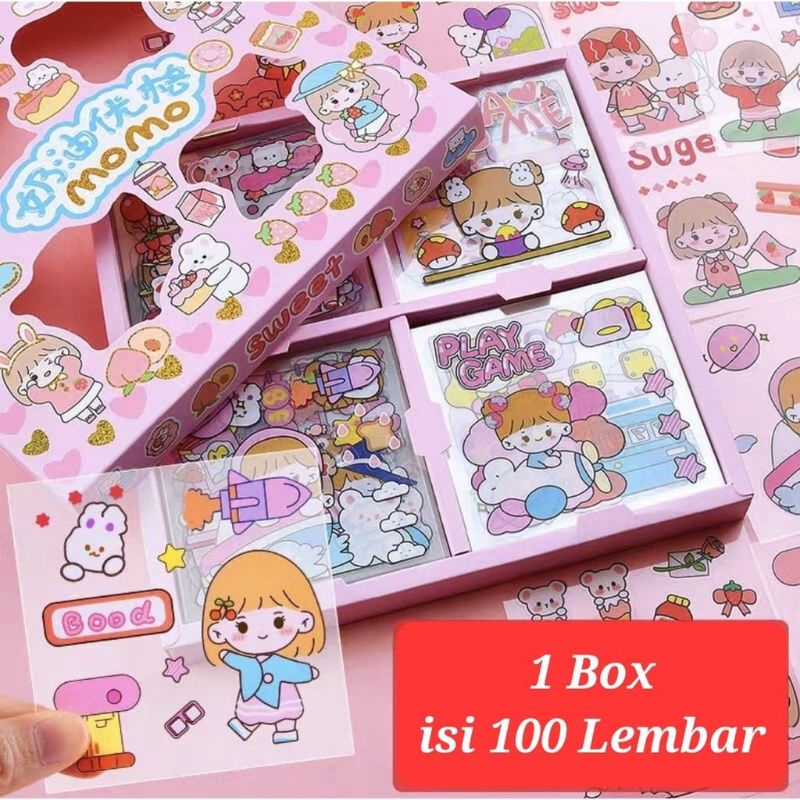 {DS} Sticker Momo 2D Aesthetic 1 Box 100 Lembar Stiker Motif Kartun Anti Air