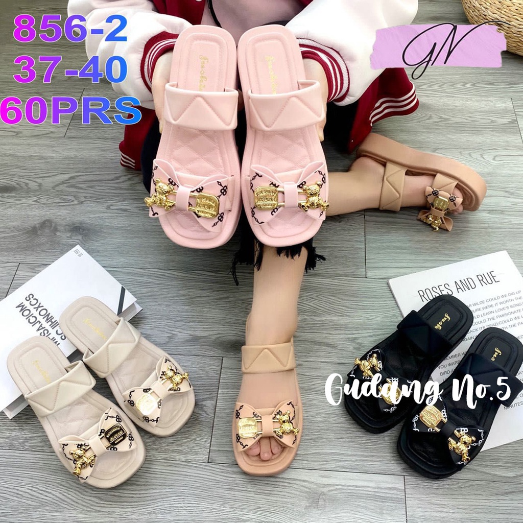 GN-856-1 2 &amp; 3 Sandal Selop Jelly Model Pita Wedges Fashion Wanita Terbaru Import PCU