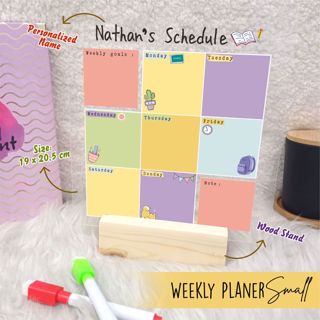 

colorful weekly planner akrilik custom nama 19x20 cm | jadwal sekolah mingguan