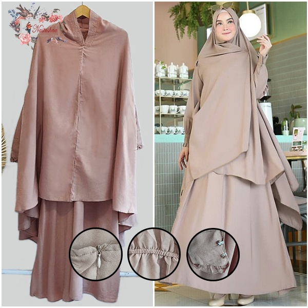 Gamis Polos Wanita Set Khimar Syari Set Gamis Khimar Bolong Tangan Jumbo Bahan Wollycrepe Baju Wanita Muslimah Syari Busui Friendly