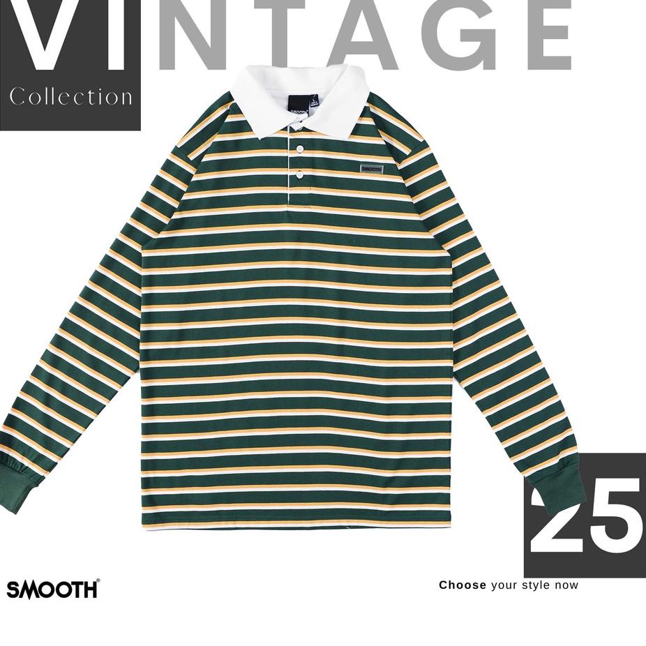 ℗ SMOOTH BASIC Vintage Rugby Polo Shirt - Striped Green ◌
