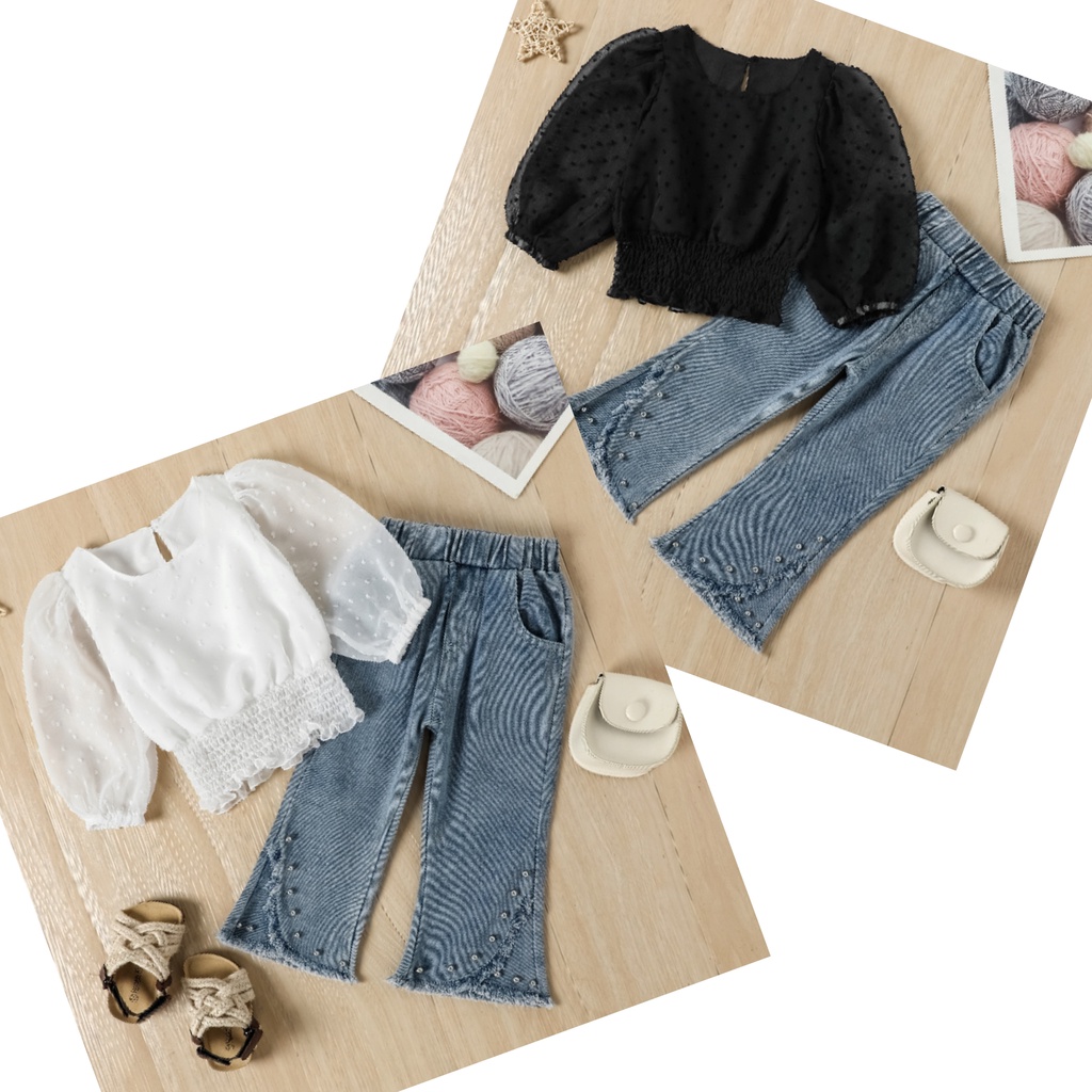 SSP84-Setelan Set Anak Perempuan Blouse Crop Top + Jeans Stud