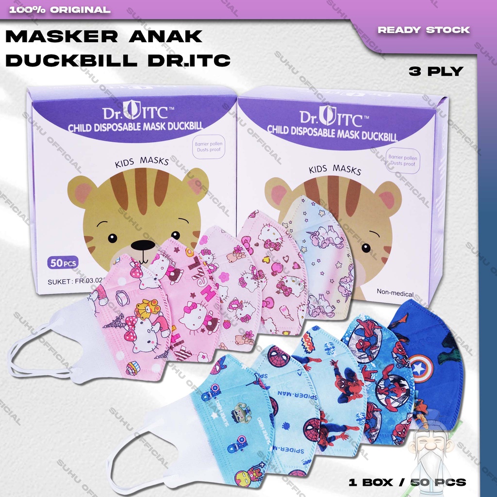 Masker Anak Duckbil DR ITC 3Ply Isi 50Pcs Mix Motif Karakter Cewek Girl Duckbill Earloop Surgical Mask Kemenkes