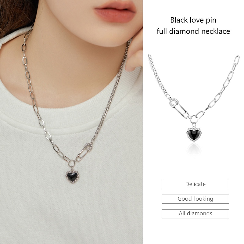 Kalung Cinta Hitam Wanita Pin Penuh Berlian Kepribadian Fashion Retro Rantai Klavikula Serbaguna