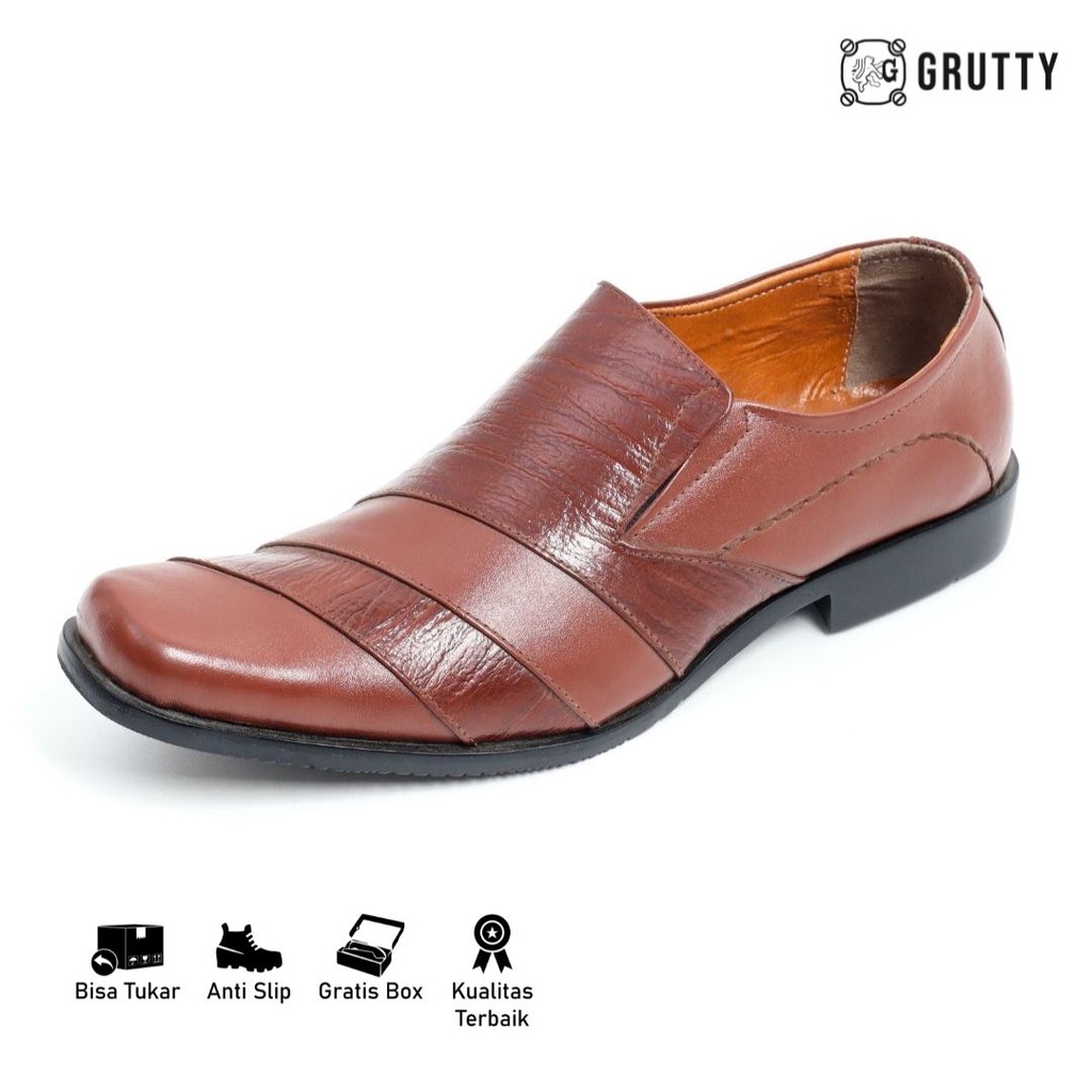 Sepatu Pria Formal Pantofel Kulit Asli Tanpa Tali Big Size Ukuran Besar GRUTTY DC014 Coklat