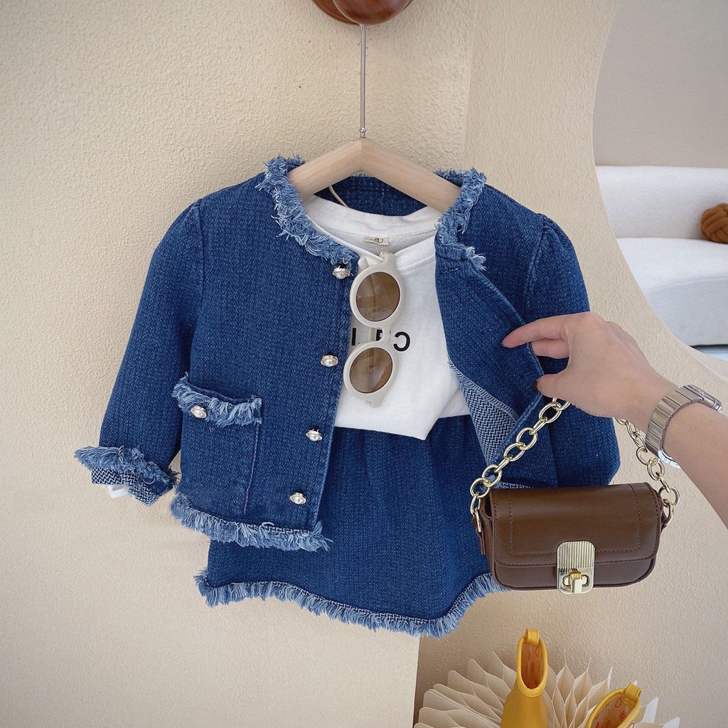 Setelan Anak Perempuan Fashion Import Jacket +Rok Bulu Denim