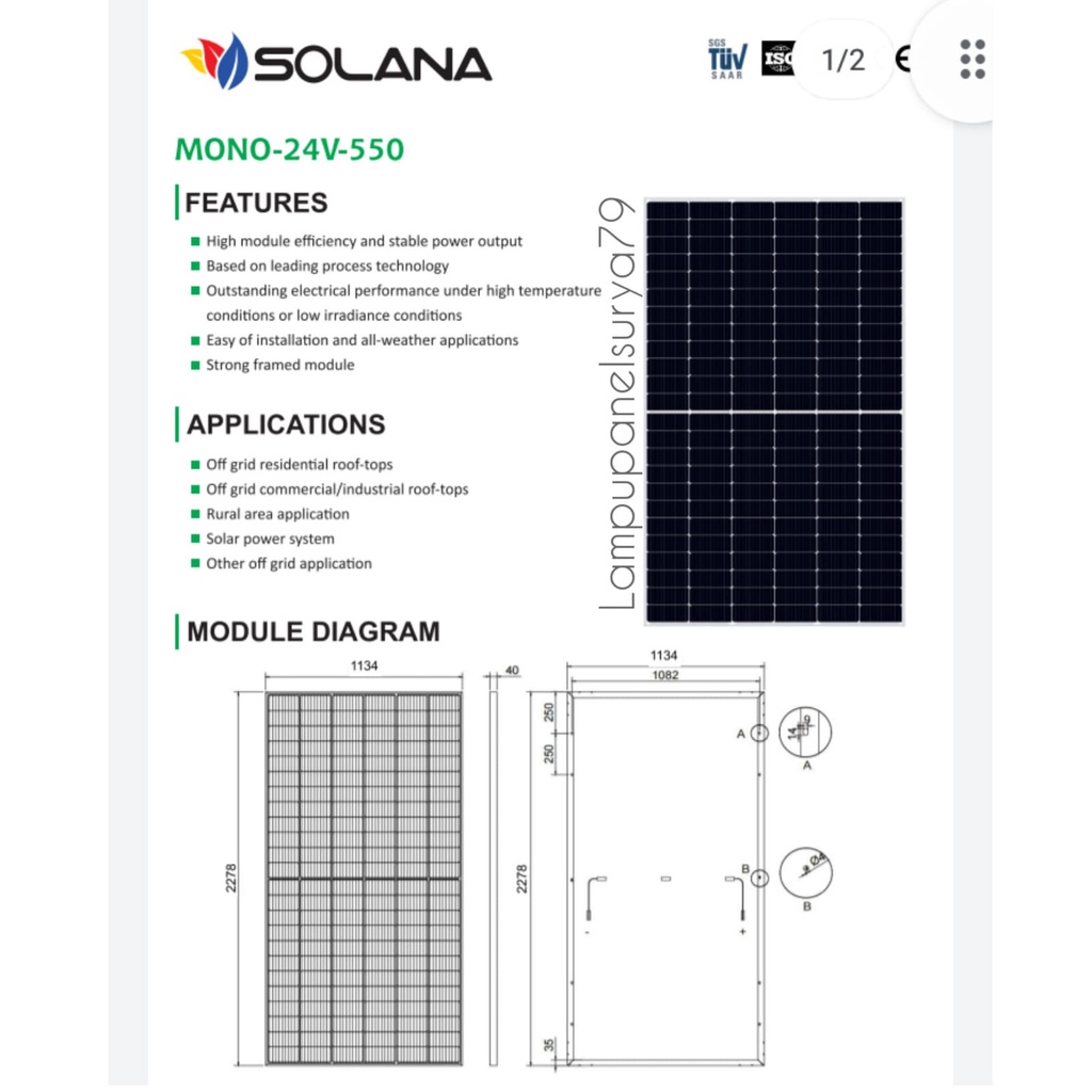 Solar Panel Surya Solarcell PV Solana 550WP Monocrystalline 550wp mono