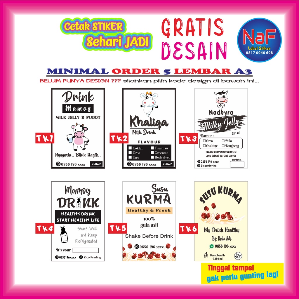 

CETAK STIKER LABEL LOGO PRODUK KEMASAN MAKANAN MINUMAN TRANSPARAN A3 + CUTTING WATERPROOF MURAH