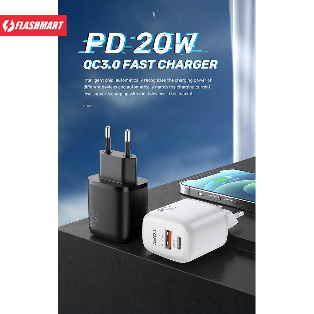 Flashmart TOPK Charger USB Type C PD QC3.0 2 Port 20W - B210P