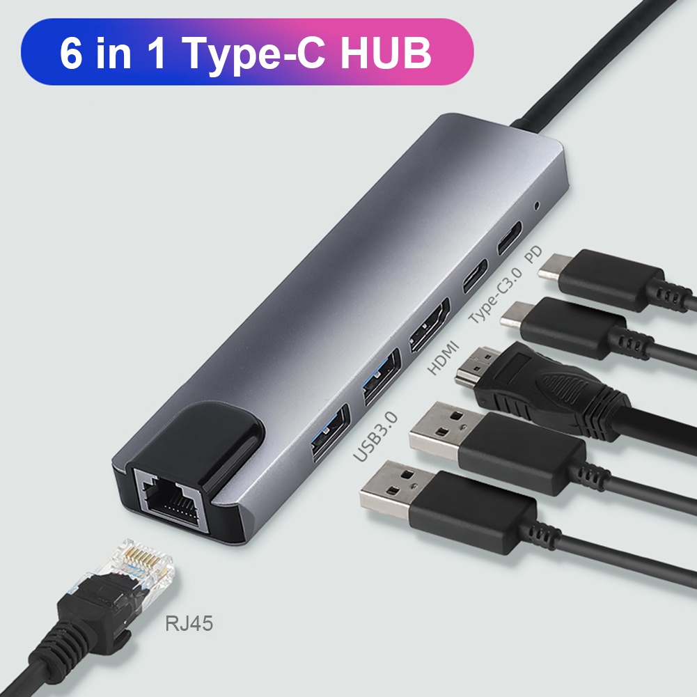 Multi USB Type C Hub 6 in 1 Docking 4K HDMI RJ45 PD USB 3.0 PC Macbook