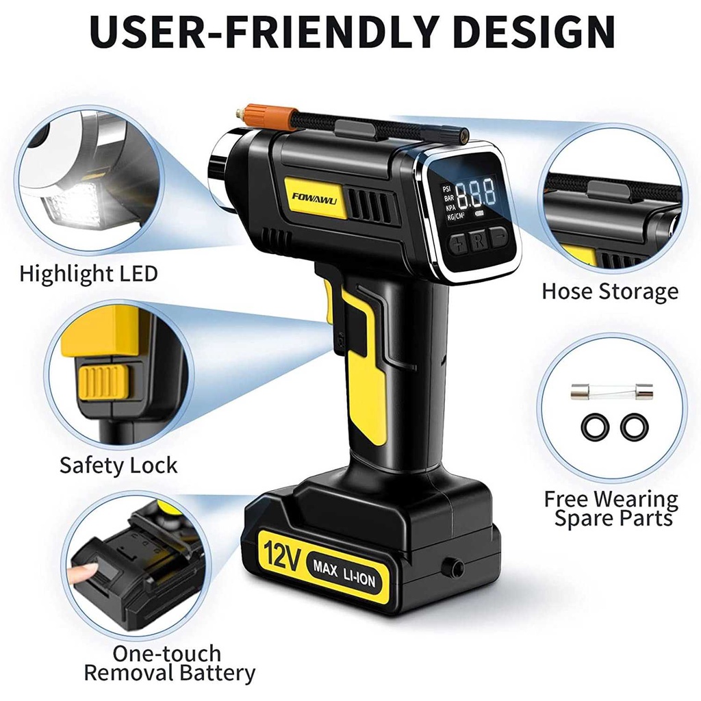 FOWAWU Pompa Ban Elektrik Digital Tire Inflator Rechargable 12V - ATJ-6688