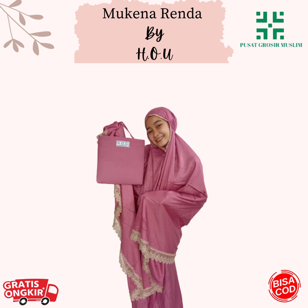 Mukena Renda Dewasa H.O.U Free Tas Mukenah Jumbo Bahan Katun Premium Bahan Adem