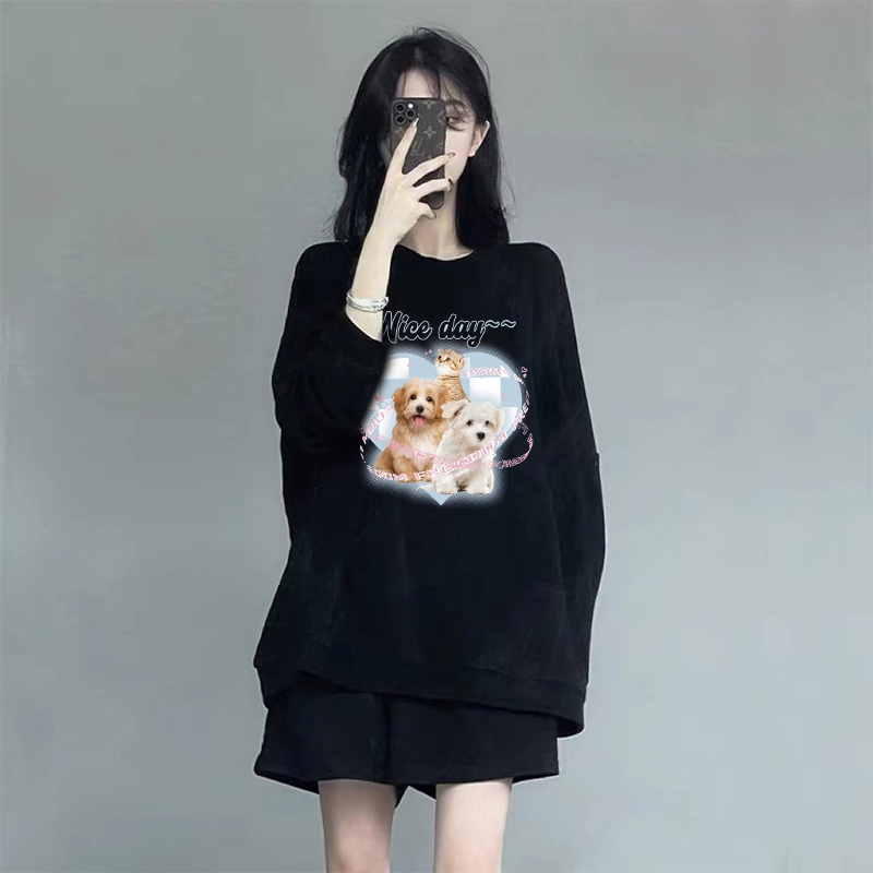 Kaos Stasan Wanita Oversize Couple Sweater American Vintage Cute Cat Cartoon Graphic Priting Top Kekinian Casual Sweater