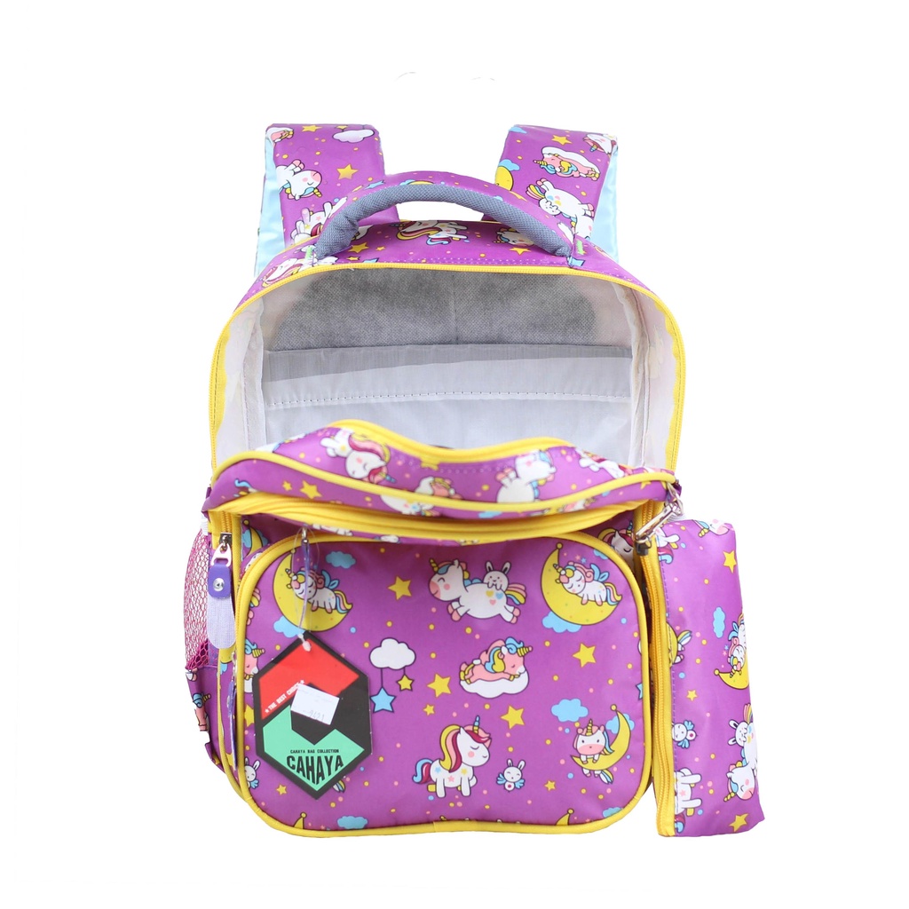 Tas Ransl Unicorn Anak Perempuan PAUD TK SD Bonus Tempat Pensil Ukuran Compact Backpack Sekolah Anak Cewek Ngaji Les TPA TPQ Piknik Ts Bagus Bahan Impor Tebal Awet Kuat Bonus Raincover Muat Buku Tema LKS IPad Tablet Tas Cahaya Unicorn Bulan