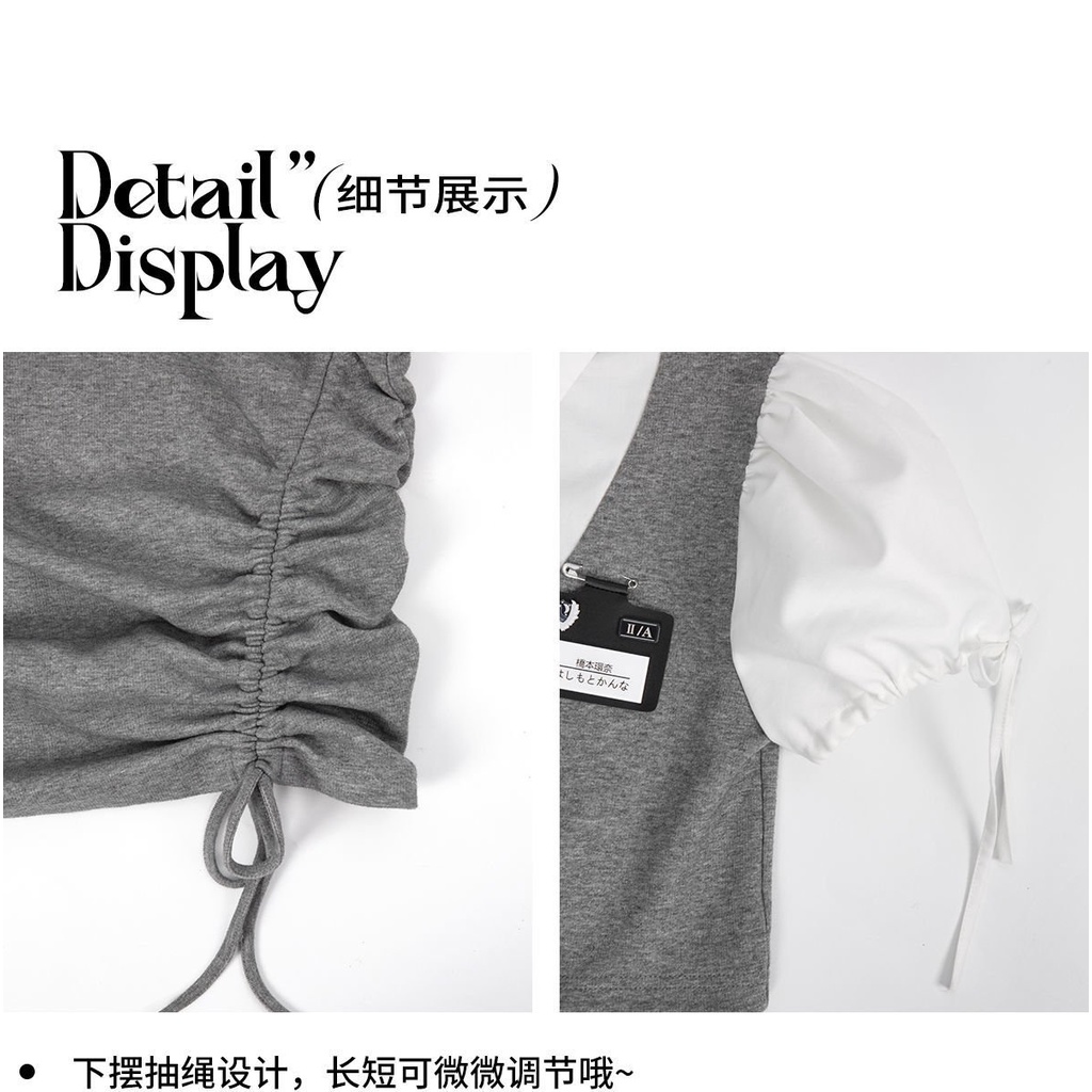 [✅BISA COD] #Sisjuly# Gaun penyambungan kemeja wanita palsu dua potong berongga lengan gelembung tan