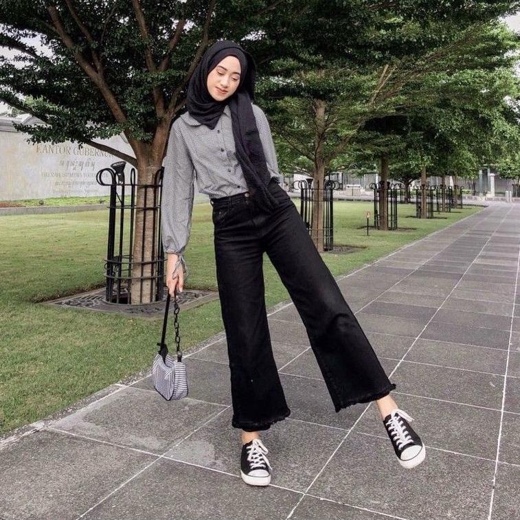 LANGSUNG KIRIM Celana Kulot Jeans Rawis hitam