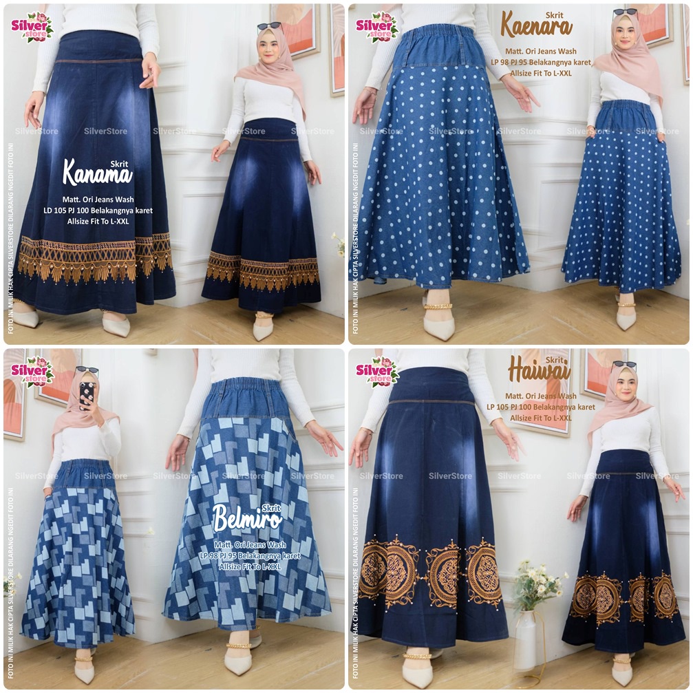 ROK JEANS / 14.7 / ARVITA NAFARA SAMIRI DHANILA DHANTI DELICIE DELANI SWASTI KANAMA / ROK PANJANG WANITA / ALLSIZE JUMBO / SILVER