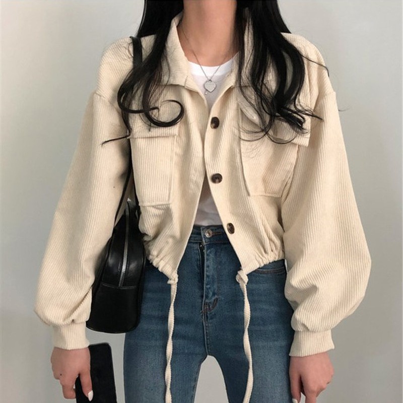 EUNII Jaket Crop Lengan Panjang Corduroy Wanita Jacket Korean Style