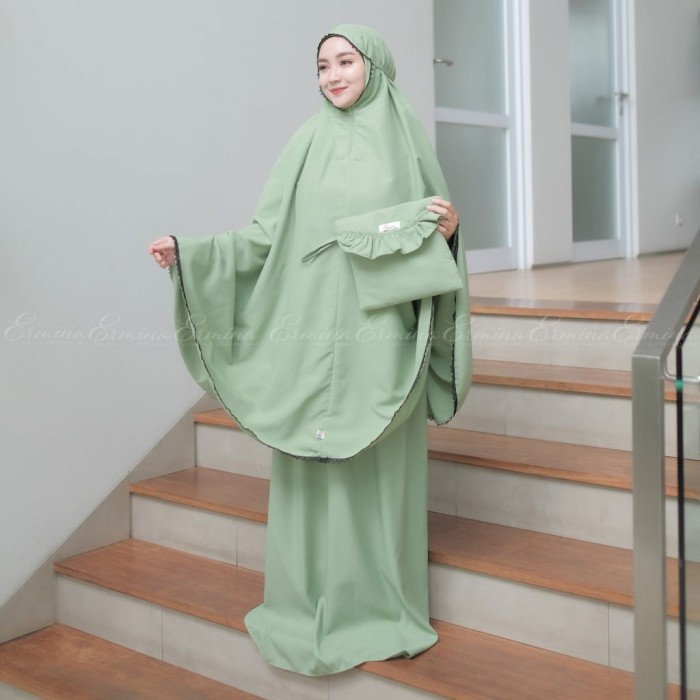 Mukena Katun Ermina 2In1 Jumbo Dewasa Traveling Polos Renda Cantik