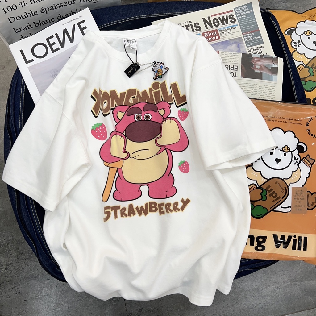 Terbaru Kaos Atasan Wanita Lengan Pendek Oversize T-shirt Impor (strawberry bear)