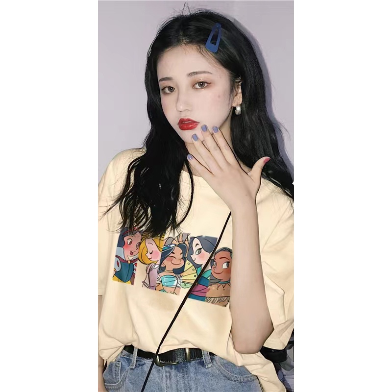 [100%  Katun]Cartoon Kaos Lengan Pendek Cream Atasan Wanita Oversize Printed T-shirt Kekinian Korean Style