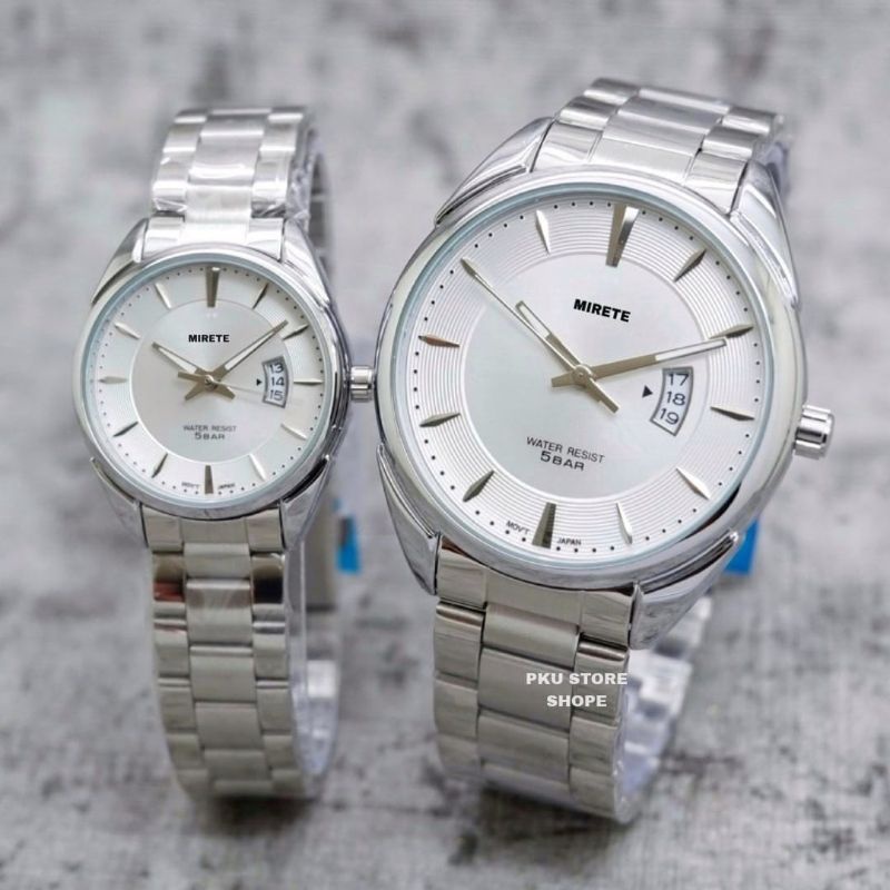 Jam Tangan Couple Pria Wanita Tahan Air Mirete Original Bestsellert Strap Rantai Stainless Steel Sporty olahraga Kasual Analog Mewah Elagan Realpict Dijamin Sesuai Foto
