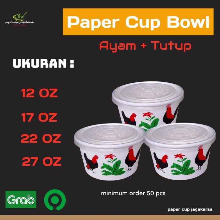 [Mangkok] Paper Cup Bowl Ayam + Tutup Mangkok Kertas Tahan Panas [Stok]