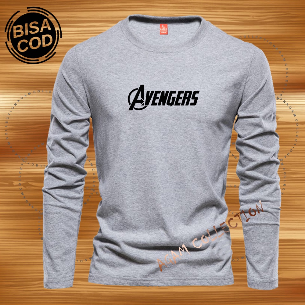 Agam Collection Baju Kaos Distro Avengers  Text Hitam Lengan Panjang Premium Quality Kaos Pria Keren Kaos Cewek/Cowok