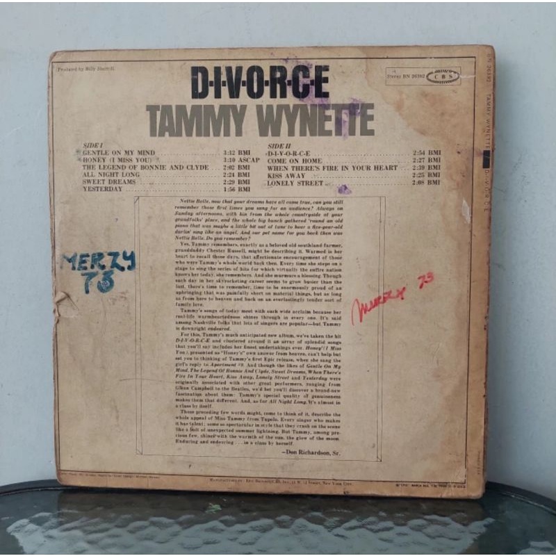 Vinyl Piringan Hitam 12 inch Tammy Wynette - Divorce