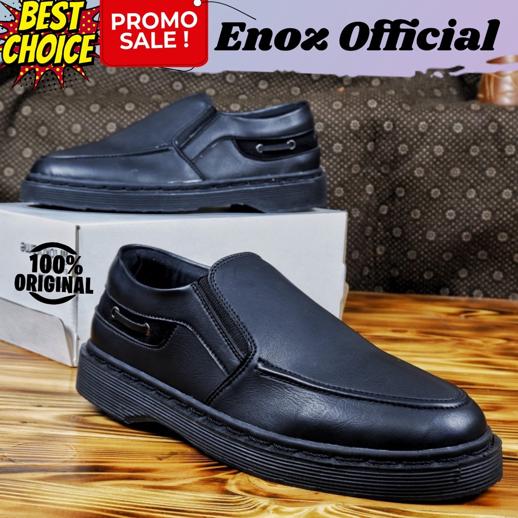 Sepatu Penny Loafers Pria Hitam Casual Formal Kulit PU Sintetic Faux Premium Slip on Slop Enoz Nitro Black