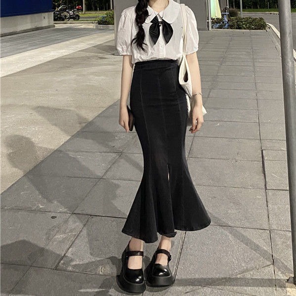 Rok jeans panjang wanita rok sobek fashion korean style wanita rok belah samping cewek seksi ootd kekinian