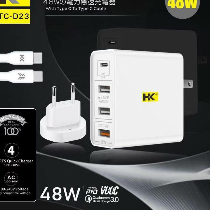 ☁ CHARGER HK 48W 3USB PD QUALCOMM 3.0 VOOC TYPE C TO C HK D23 ♟