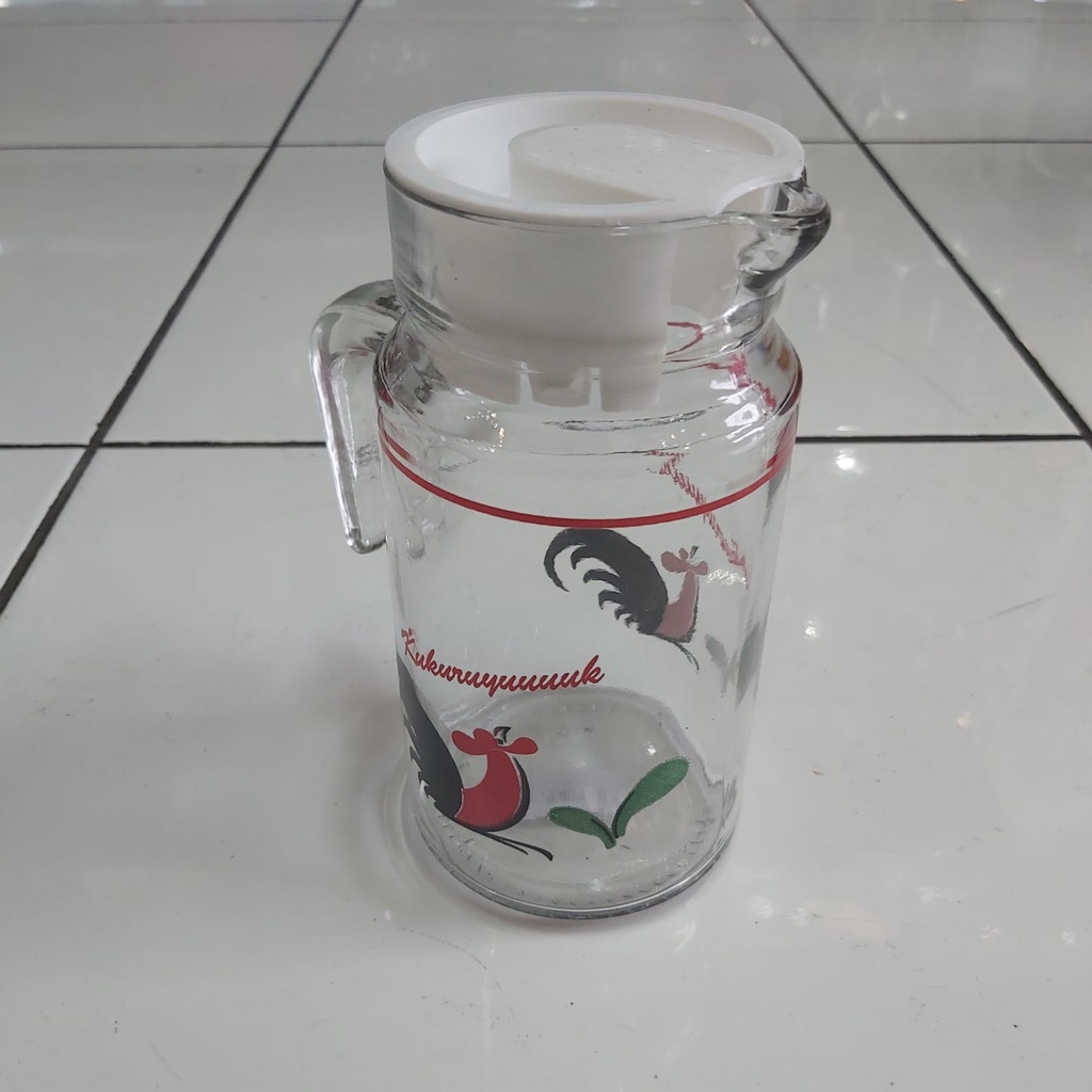 DM - Teko Ceret Pitcher Kaca Motif Ayam Jago Water Jug Jadul 600 ML CC