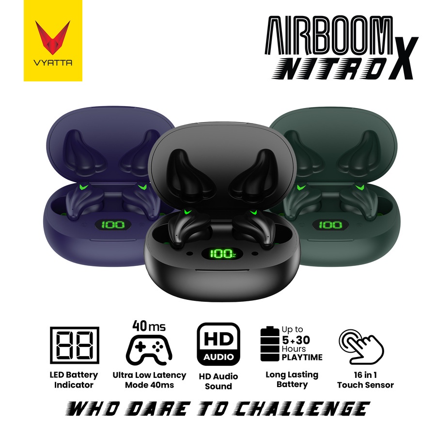 VYATTA AIRBOOM NITRO X TWS BLUETOOTH HEADSET EARPHONE GAMING MODE 40 MS 16 IN 1 TOUCH SENSOR