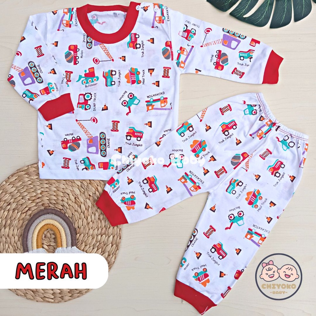 Setelan Baju Bayi Setelan Piyama Bayi Lengan Panjang Kancing Pundak Usia 3-12 Bulan Motif Big Excavator Bulldozer Truck