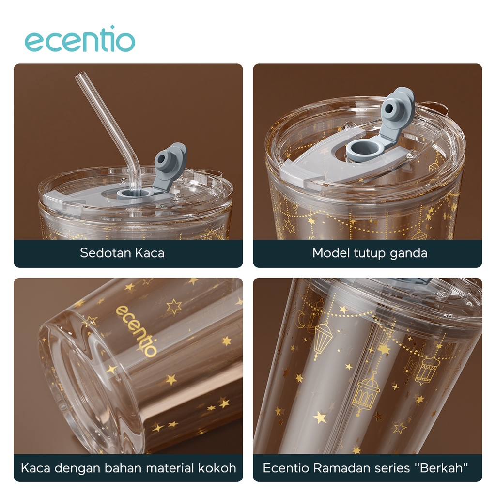 ecentio Tumbler Gelas Kopi Kaca 450/370/350ml Bening Gelas Free Sedotan Dan Tutup Anti Bocor Mug Coffee Botol Minum Cup Souvenir Hadiah