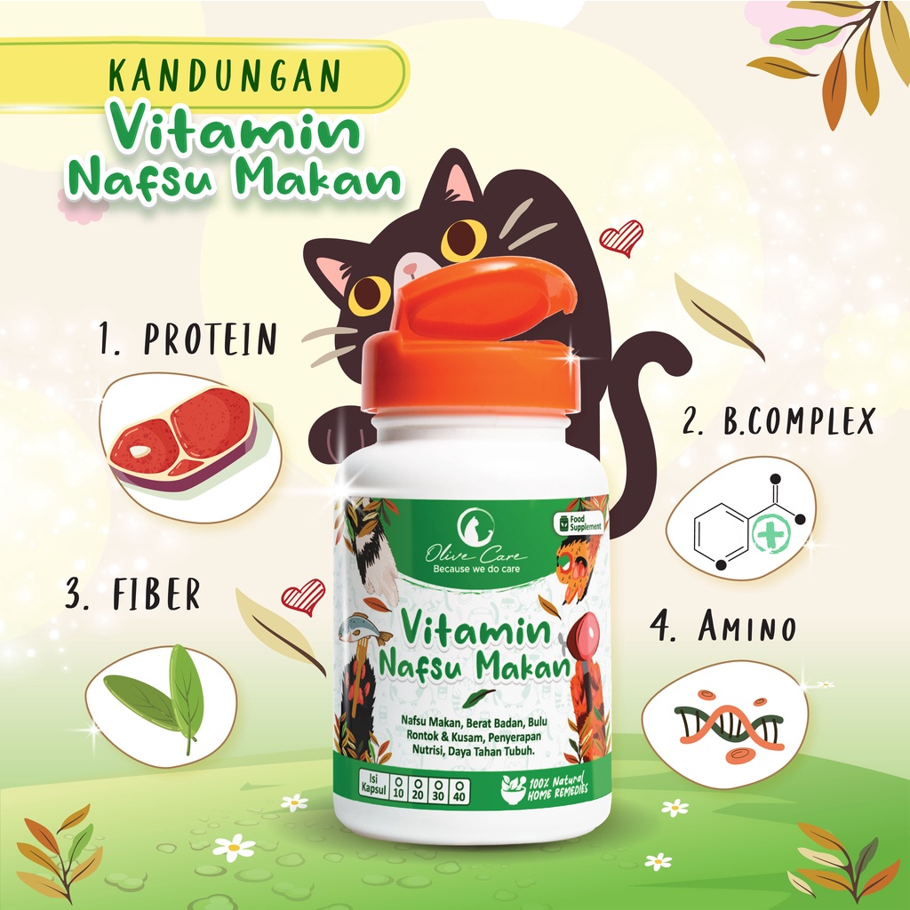 OLIVE CARE Vitamin NAFSU MAKAN Kucing - untuk Nafsu Makan, Gemukin Badan, Bulu Rontok, Daya Tahan Tubuh dan Konstipasi