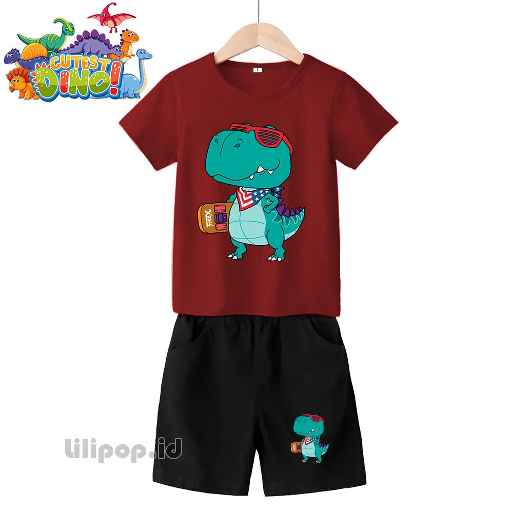 Baju Anak Stelan Kaos 3/4 trex dinosaurus Cowok Cewek  Usia 1 - 4 Tahun Celana Pendek Harian