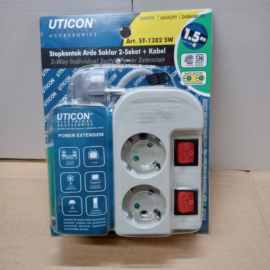 Uticon ST-1282SW Stop Kontak Arde 2 Lubang + Saklar Tersendiri + Kabel