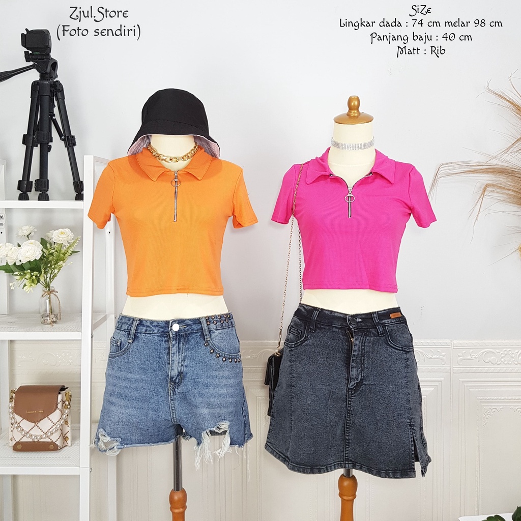 Zjul (COD) - DAIMA Crop kerah Lengan pendek Resleting Rib / Baju Crop sleting depan /  Atasan baju W