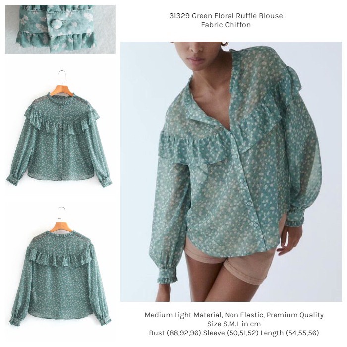 31329 Kemeja Hijau Sifon Motif Bunga Green Floral Chiffon Blouse