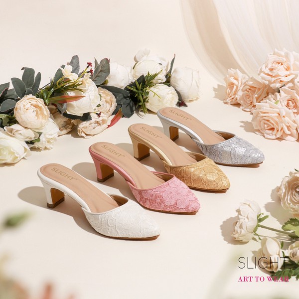 SLIGHT Sandal Selop Brokat Lace Abrielle Gold emas Pink rosegold Putih White dan SIlver 5 cm