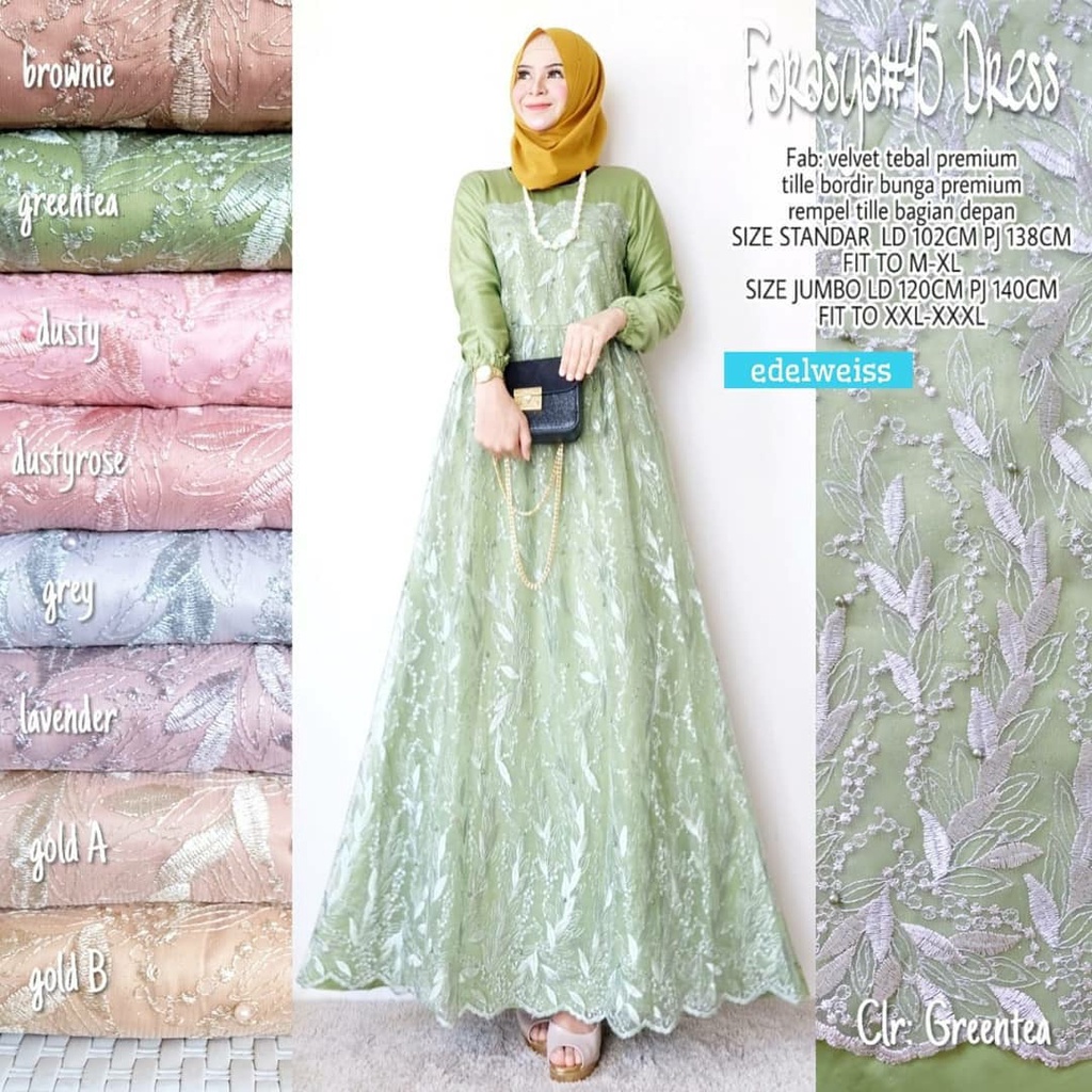 Farasya Dress Muslimah #45 Gamis Brukat Jumbo Gamis Lebaran Terbaru Gaun Pesta Resepsi Seragam Pernikahan Outfit Bridesmaid Broklat Jumbo Wanita xxxl Dress Code Kondangan Warna Rose Gold Greentea Ice Blue Maroon Navy Brown Millo Putih Denim