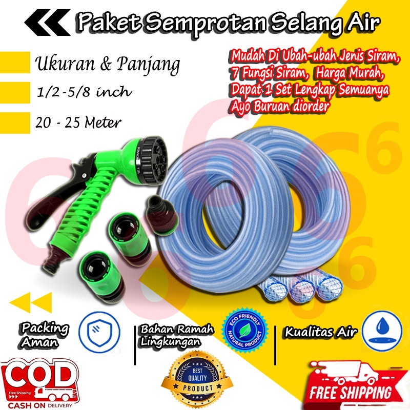 PROMO SEPAKET KEPALA SEMPROTAN SELANG AIR SERAT BENANG TRANSPARANT 20 METER 1 ROL JET SPRAY WATERGUN7 PERLATAN KEBUN TAMAN MURAH