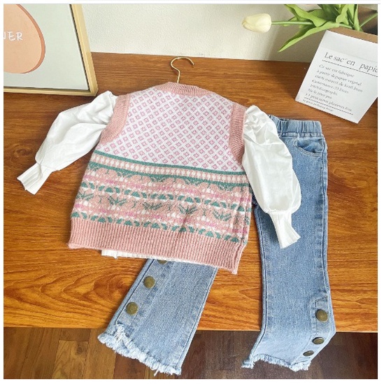 SETELAN 3 IN 1 ANAK CEWEK MODEL ROMPI PINK RAJUT JEANS SIZE 100-140