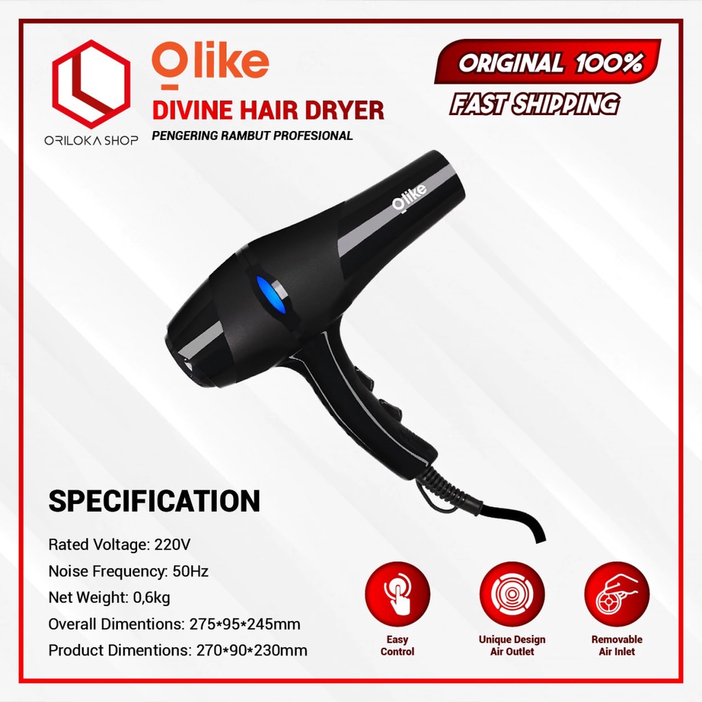 Olike Hair Dryer Divine Pengering Rambut Profesional Low Watt - Resmi