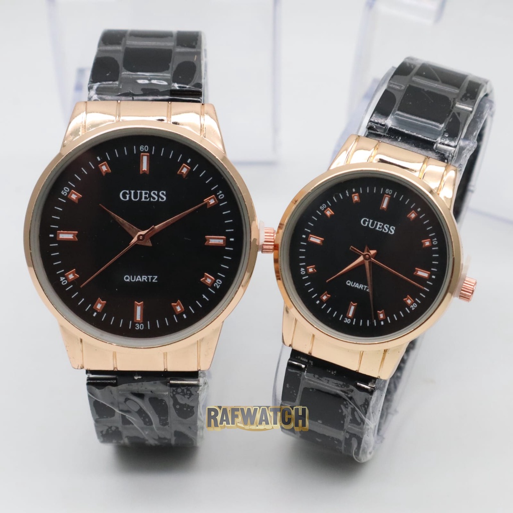 Jam Tangan Pasangan Pria Wanita Analog Casual Rantai Stainless Hitam Rose RPA7