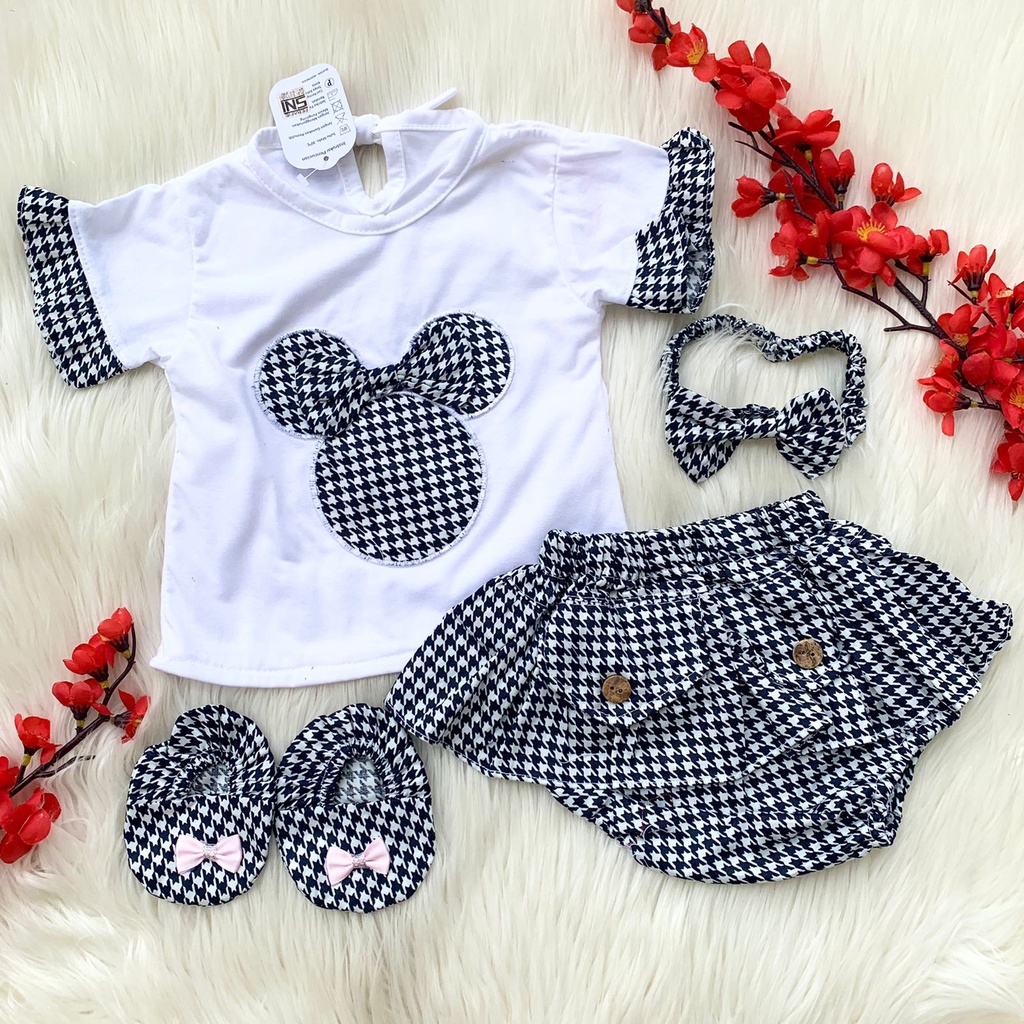 Baju setelan kaos rokcelana bandana sepatu lengkap cantik fashion anak bayi cewek perempuan newborn murah -mou