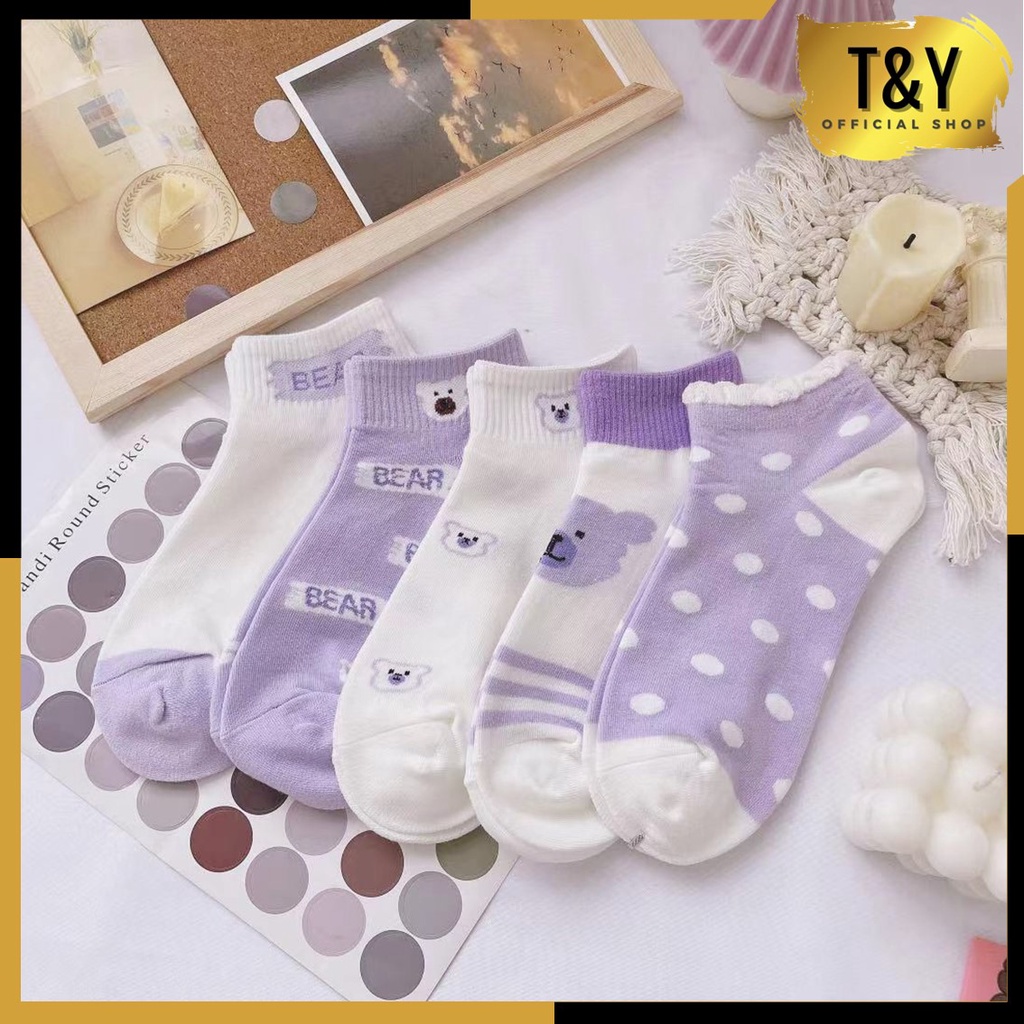 T&amp;Y Kaos Kaki Wanita Pendek Motif Beruang Ungu 6584 Kaos Kaki Pendek Fashion Korean Unisex Semata Kaki Purple Bear Socks Import Ankle Socks Korean Model Simple Cute