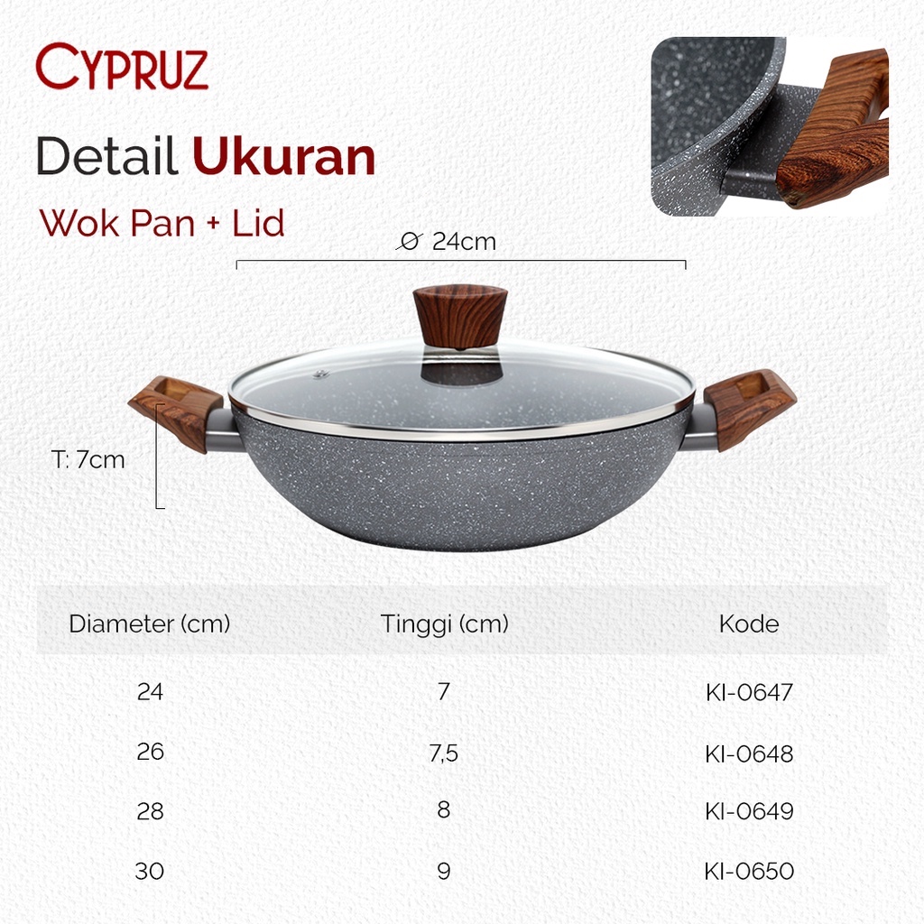 Cypruz Grey Marble Wok Pan / Kuali Anti Lengket + Tutup